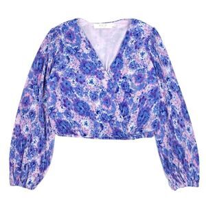 ASTR Pleated Balloon Long Sleeve Wrap Crop Top Purple Pink Tie Dye Boho Small